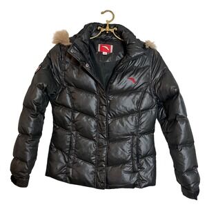 Anta Womens‎ Puffer Jacket Black Full Zip Hooded Down Fill Size M (Runs Small)